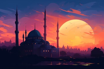 Naklejka premium The mosque minaret against the backdrop of a vibrant sunset, symbolizing the start of the Islamic New Year.