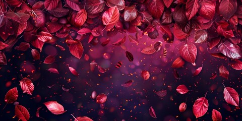 Deep Plum Red Seasonal Wallpaper with Falling Autumn Leaves. Natural Banner with copy-space.