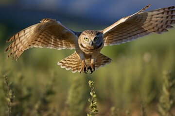 Obraz premium Burrowing owl flying over field during summer and looking camera