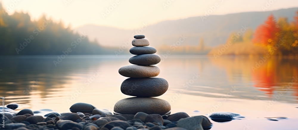 Aufkleber Pebble tower on the river features a stone structure and a blurred background creating a serene and picturesque scene for a copy space image