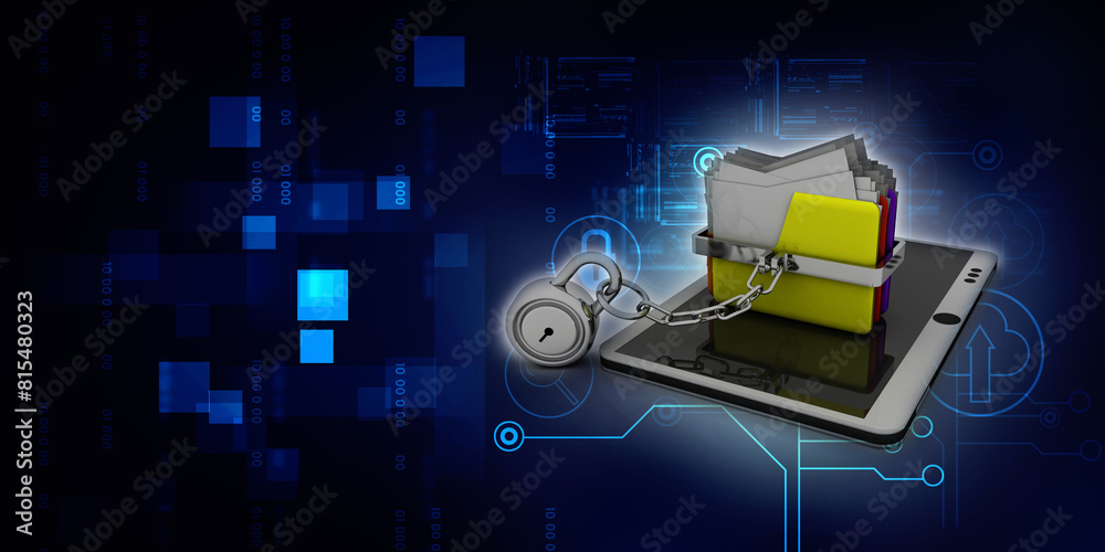 Poster yellow folder and lock with mobile. data security concept. 3d rendering