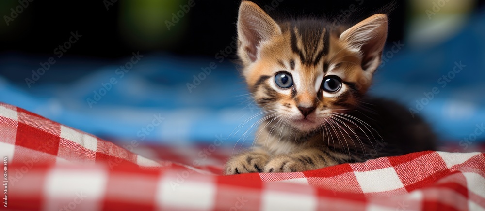 Poster a cute and adorable kitten is seen relaxing on a checkered blanket in this copy space image
