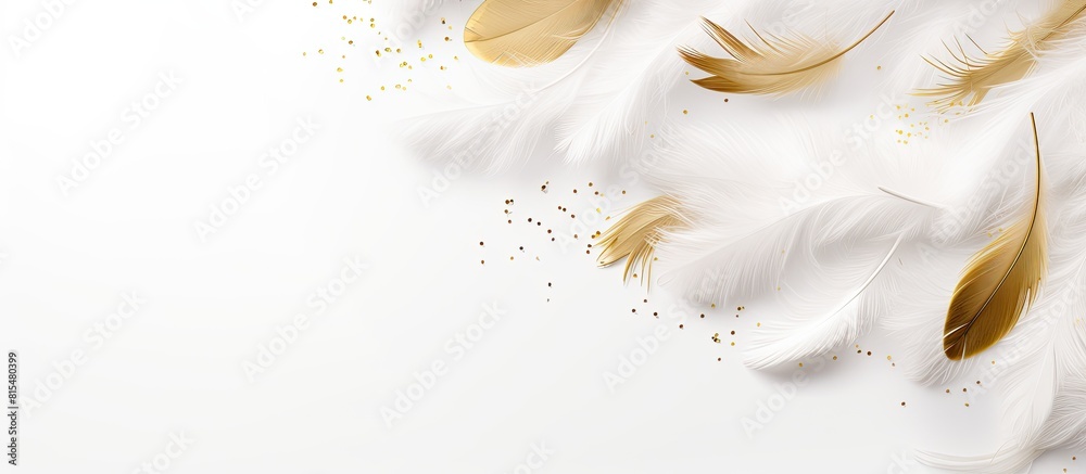 Poster Top view of white feathers with a radiant gold glitter on a white background creating a visually appealing flat lay image with ample copy space