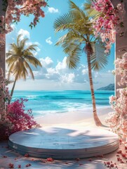 Obraz premium Summer podium background 3D product display beach cosmetics scene sale. Background summer podium sea station stage beautiful sky platform store water scenery theme advertising template mockup travel 