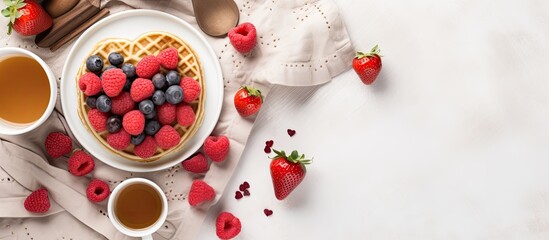 A romantic Valentine s Day breakfast concept with heart shaped pancakes fresh berries a cup of coffee and a rose on a white bed Top view copy space image