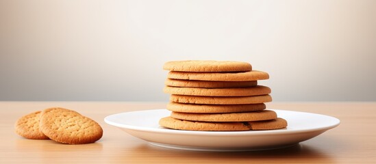 A healthy lifestyle concept represented by a closeup image of cookies or biscuits stacked neatly on a plate with ample copy space available for text