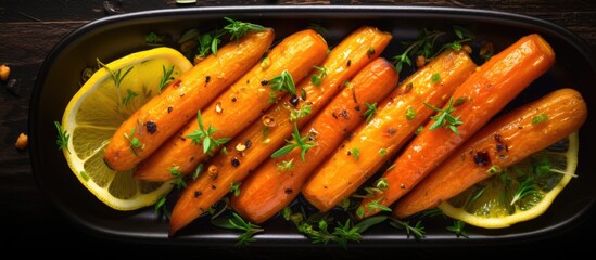 Copy space image of top view baked organic carrots with thyme honey and lemon showcasing a delectable vegan dish
