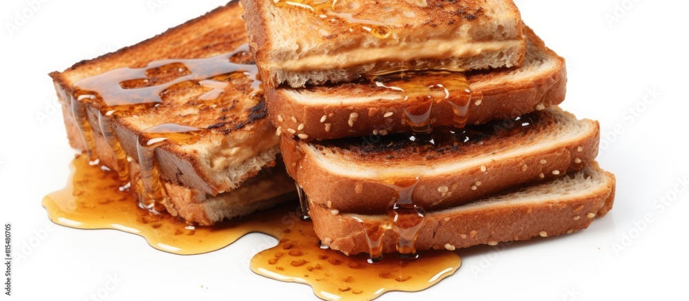Poster Isolated on a white background a close up top view stack of moldy slices of organic sprouted honey wheat bread with flaxseed represents the concept of expired and unhealthy food The image includes a