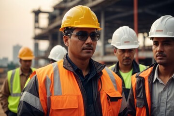 Team meeting of engineers wearing hat and safety suit at construction building site