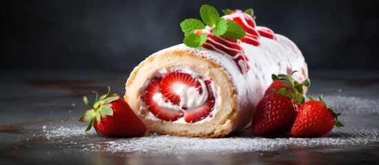 A delicious strawberry roll cake showcased on a grunge background with ample copy space image