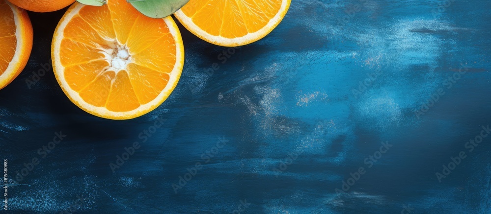 Poster A top down view of ripe juicy oranges The oranges have been cut in half and are displayed on a blue concrete background A wooden reamer is visible in the image. Creative banner. Copyspace image