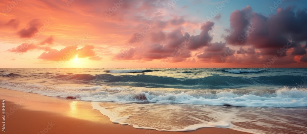 Poster the sandy beach under a beautiful sunset sky provides a perfect setting with ample copy space for yo
