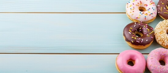 Sweet donuts with icing on a pastel blue wooden background providing an appealing copy space image