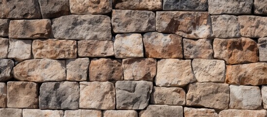 Fototapeta premium The image shows a close up of a brown granite stone wall It serves as a background image of a stone wall. Creative banner. Copyspace image