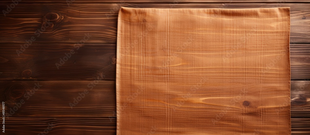 Poster Wooden cutting board with a kitchen cloth placed on a wood background creating an empty space for an image. Creative banner. Copyspace image