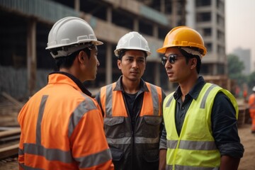 Team meeting of engineers wearing hat and safety suit at construction building site