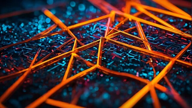 A vibrant, abstract design featuring intersecting orange lines over a deep blue, textured background. 