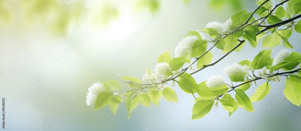 Poster In early spring a branch with fresh youthful foliage is captured in a copy space image