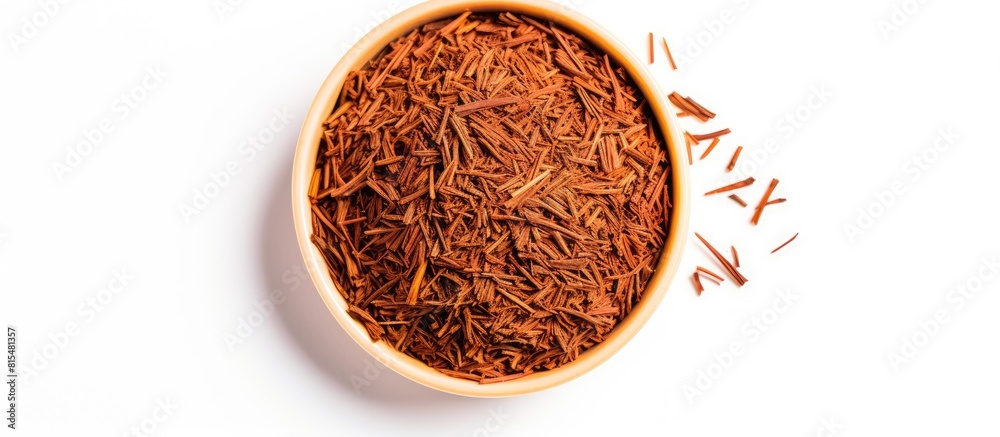 Poster High resolution close up top view copy space image of Rooibos tea on a white background