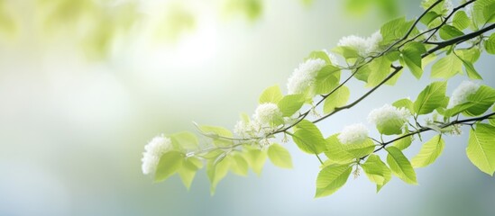 In early spring a branch with fresh youthful foliage is captured in a copy space image