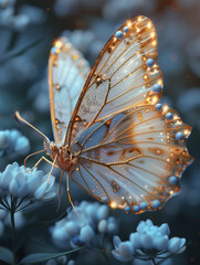 Majestic Golden Butterfly on Blue Flowers