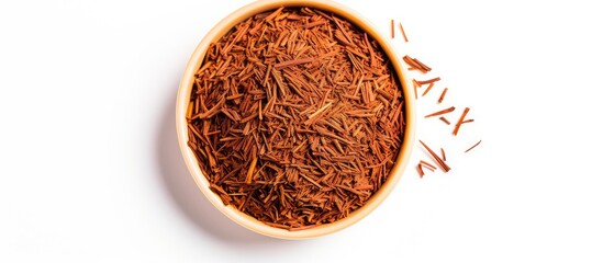 High resolution close up top view copy space image of Rooibos tea on a white background