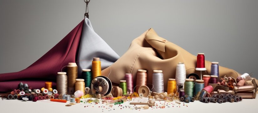 Copy space image of various tailoring accessories and fabric arranged on a light background