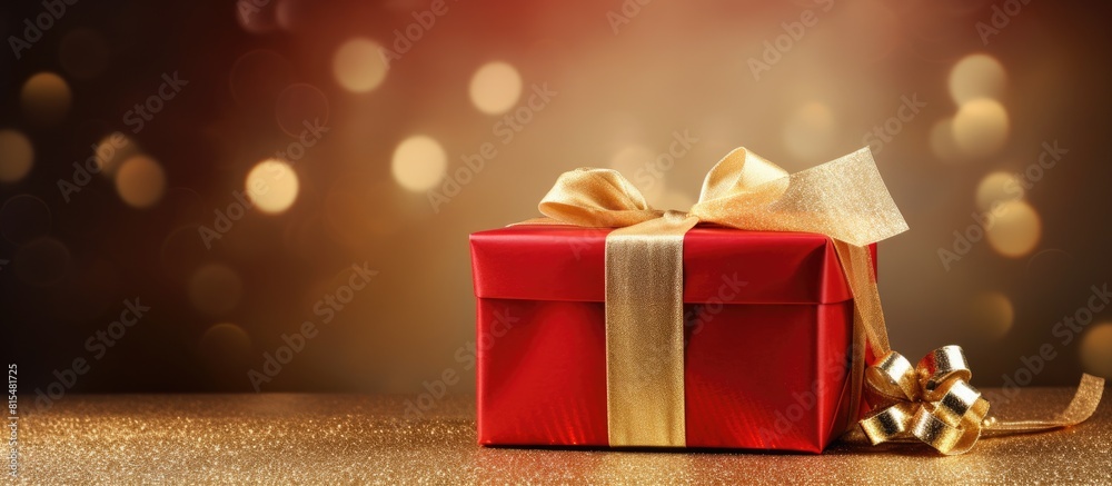Aufkleber a festive gift box in gold and red with tape placed on a background of santa themed wrapping paper l