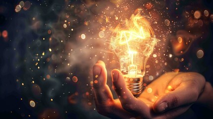 Magical hand holding a glowing light bulb in a mystical atmosphere, AI Generative.