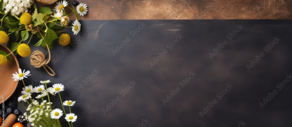 Aufkleber A dark stone table with a sheet of brown paper for writing green gooseberries and blueberries a bouquet of field daisies and scissors create a background for creativity in this top view copy space im