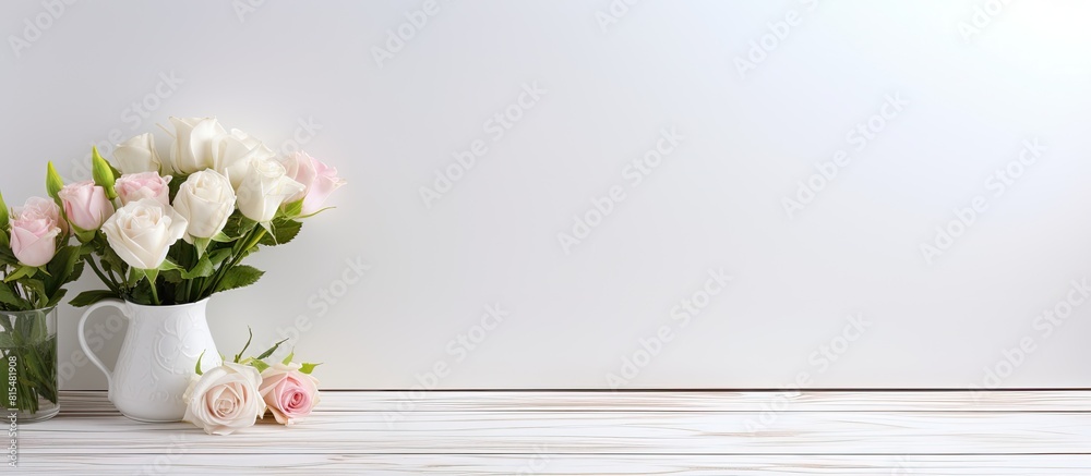Aufkleber A white wooden table with a shade is adorned with beauty product samples and roses creating a visually appealing copy space image