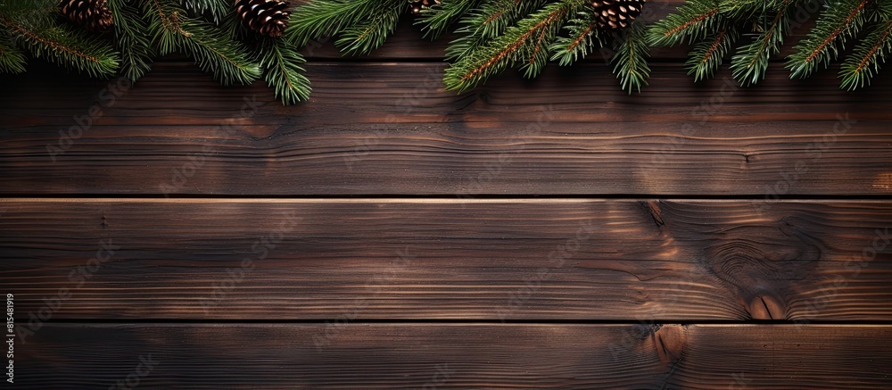 Poster A top down view of a Christmas wooden background with copy space image featuring fir branches Perfect for creating New Year templates advertising layouts and festive greeting cards