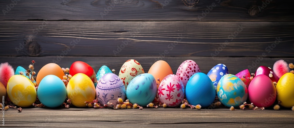 Poster A vibrant assortment of Easter eggs placed on a rustic wooden surface creating a visually appealing and lively composition for a copy space image