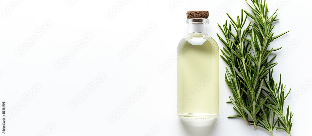 Poster a top view of a bottle of rosemary essential oil isolated on a white background the image represents