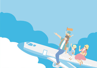 トラベル　夏　フレーム　人物　家族　ファミリー　飛行機　トラベル　アイソメトリック風　イラスト素材