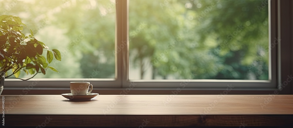Poster A background image with a blurred window and a table in the foreground providing space for copy. Creative banner. Copyspace image