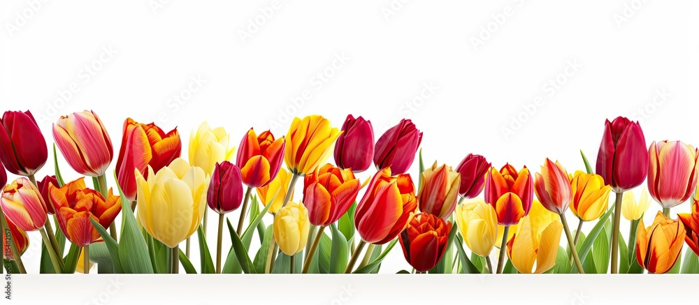 Poster a copy space image featuring a stunning collection of red and yellow tulip flowers set against a cle
