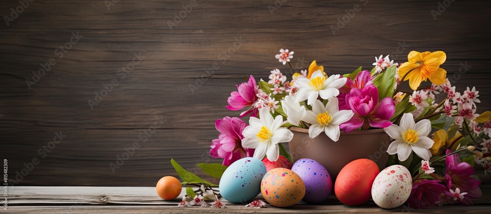 Aufkleber a charming arrangement of spring flowers and an easter egg adorns a rustic wooden background in this