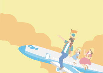 トラベル　夏　フレーム　人物　家族　ファミリー　飛行機　トラベル　アイソメトリック風　イラスト素材