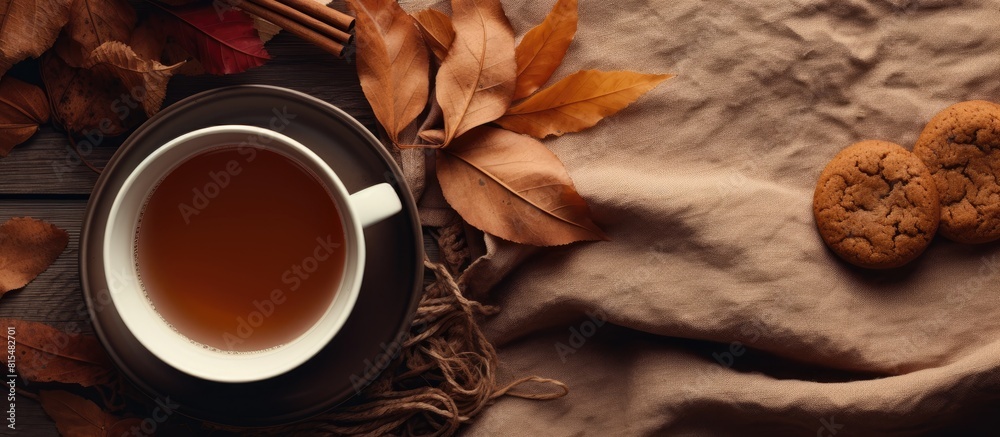 Poster top view of a cozy autumn scene featuring a cup of tea a warm scarf and delicious cookies all surrou