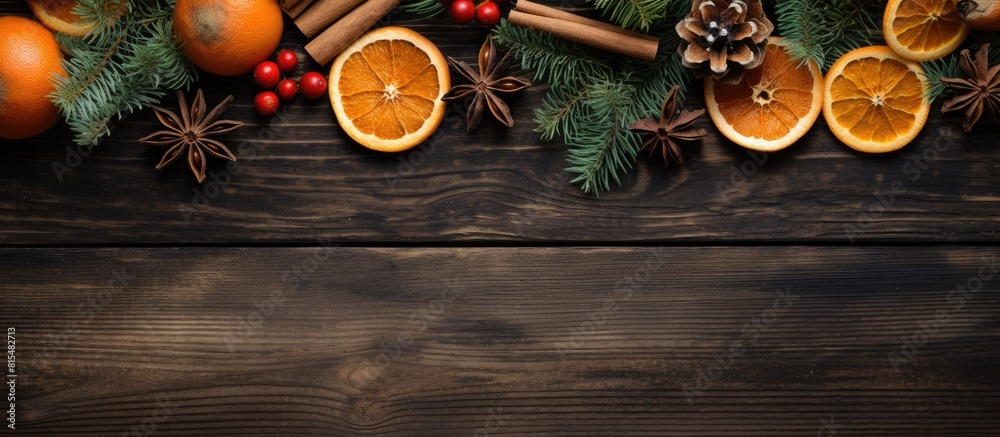 Fototapete a rustic wooden background showcases a festive arrangement of christmas tree branches adorned with p