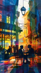 An abstract vector illustration of a bustling street cafe scene with people enjoying their time, highlighting the vibrant and dynamic energy of city life.