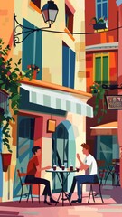 A colorful vector illustration of a street cafe scene with friends chatting and enjoying drinks, capturing the lively atmosphere of urban social life.