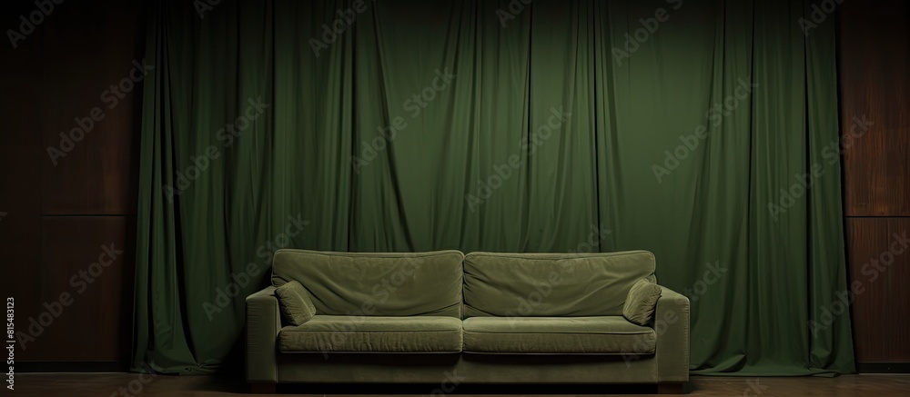 Poster In a green room there is a gray fabric sofa located beside a wooden curtain In the front there is a table This image has ample copy space