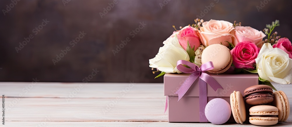 Poster a beautiful gift box filled with delicious macaroons and accompanied by a bouquet of fresh flowers c