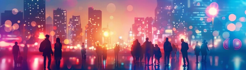 A vibrant and dynamic vector cityscape with abstract light effects.  depicts silhouettes of people walking and interacting in an illuminated urban environment. The city is bathed in colorful lights, c