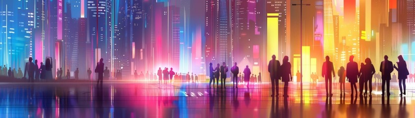 A striking illustration of a futuristic cityscape with abstract light effects. filled with silhouettes of people walking and interacting against a backdrop of tall, illuminated buildings 