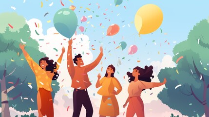 A colorful vector illustration featuring a diverse group of friends celebrating outdoors. The friends are depicted with their arms raised, releasing balloons into the sky while surrounded by confetti.