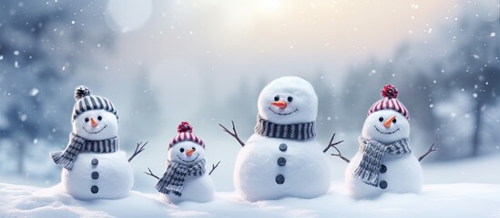 Fototapeta premium Winter snowmen family or friends posing happily in the background perfect for a copy space image