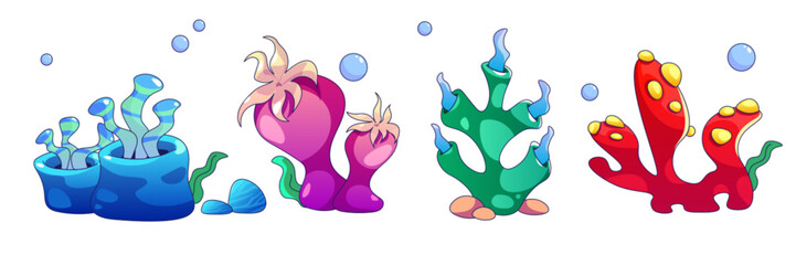 Seaweeds set isolated on white background. Vector cartoon illustration of underwater plants collection, blue, pink, green, red color algae, water bubbles, sea bottom stones, aquarium design elements